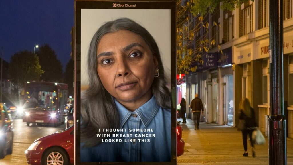 A digital billboard shows a woman with an ageing filter. "I thought someone with breast cancer looked like this". Adam&EveDDB has shared its debut campaign for Coppafeel!, which aims to drive behaviour change by highlighting that breast cancer can, and does, affect young people too.