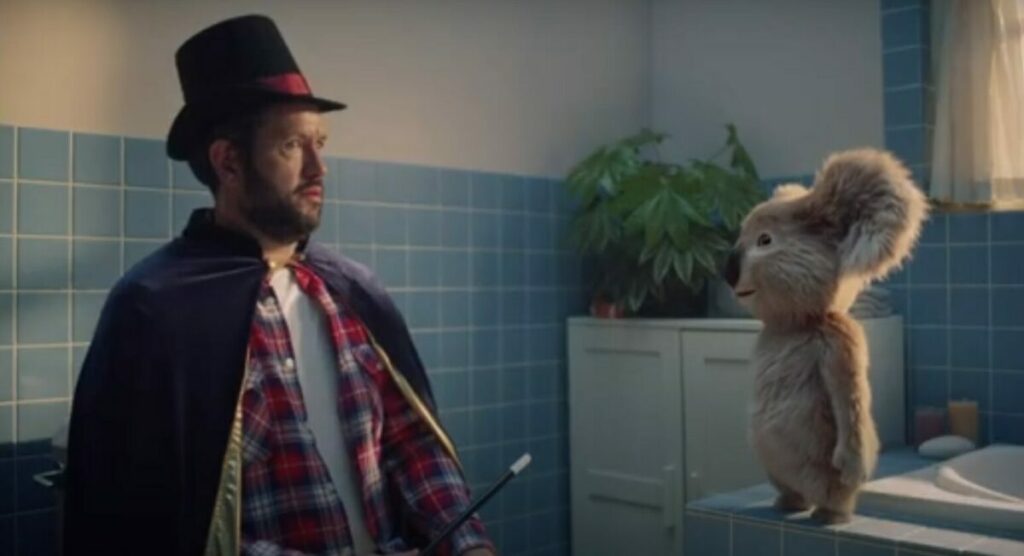 Kenny the Koala and magician stare intently at eachother. Cushelle gives Kenny the Koala first speaking part in 14 years