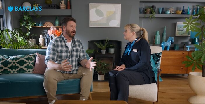 Nick Knowles in a money management conversation with a Barclays member of staff. Barclays' latest partnership with Channel 5 and Sky Media will see it star Nick Knowles in a new six-part social media series focused on encouraging honest conversations about money