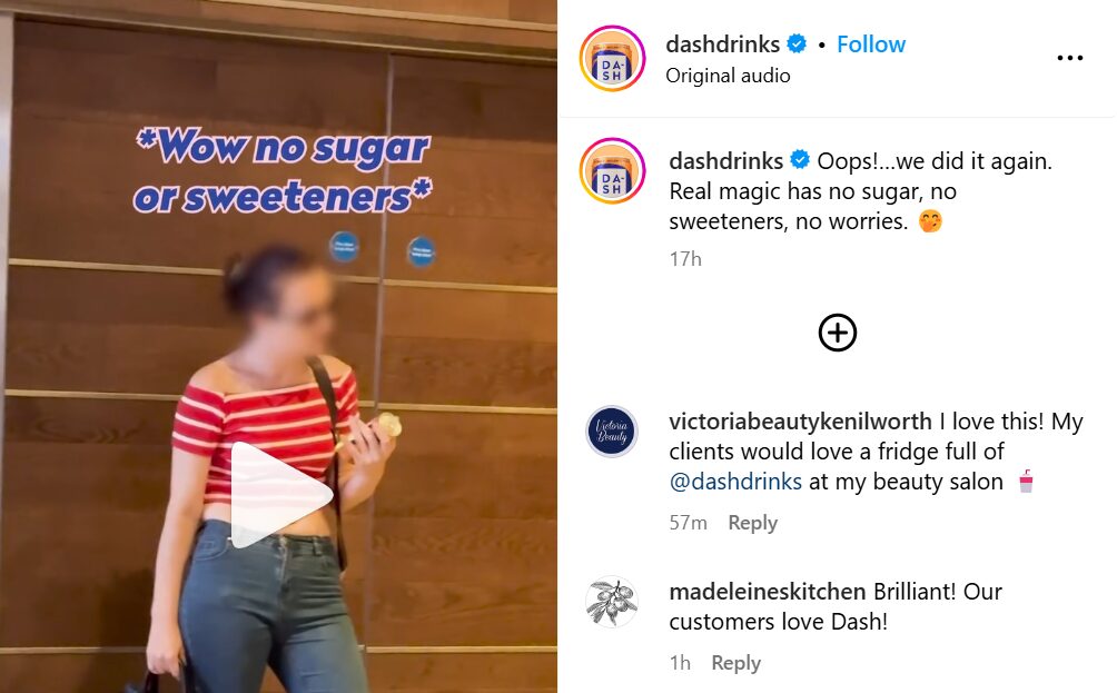Screenshot of Instagram post about DASH. Fruit-infused sparkling drinks brand Dash has surprised shoppers with a stunt that saw it deposit Dash cans inside Coca-Cola dispensers.
