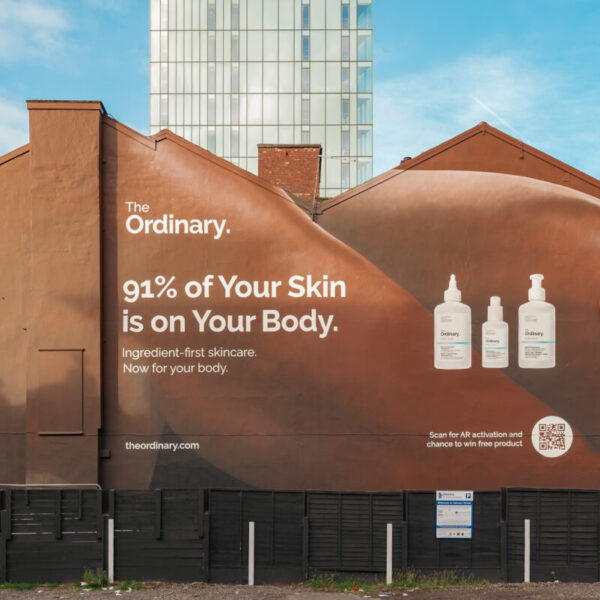The new mural showing off three products. The Ordinary's new mural, created by One Agency, includes a QR code which allows the user to access key information about each of the products.