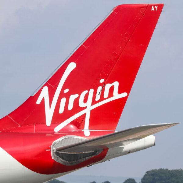 Virgin Atlantic plane against a grey sky. The logo takes centre stage.
