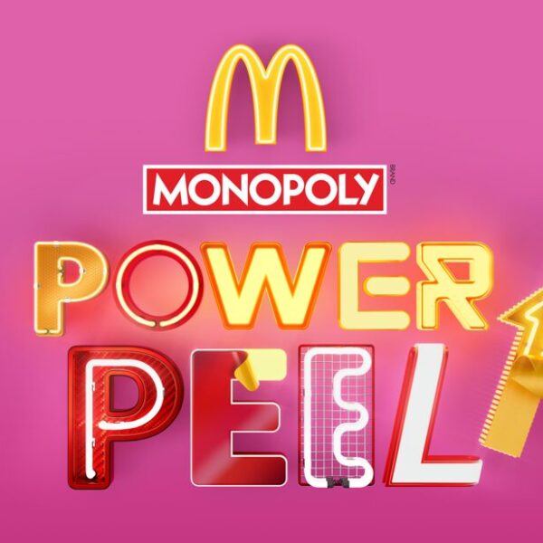 A pink backdrop and a new neon bright Power Peel logo for McDonalds Monopoly 2024. A new McDonald's campaign marks the 18th edition of its annual promotion bringing its classic peel-on-pack concept online and encourages customers to embrace the "power peel".
