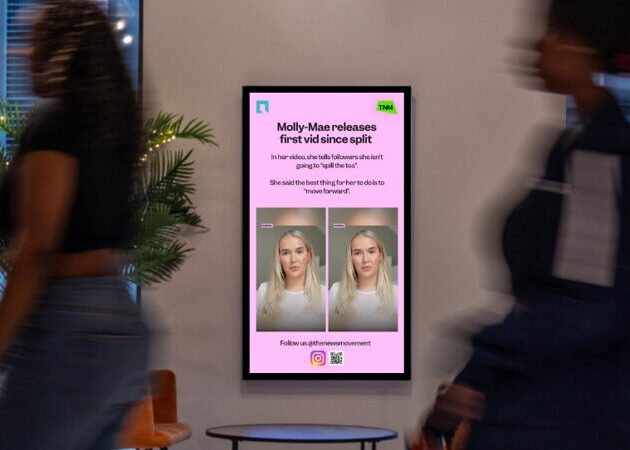 Billboard showing image of Molly Mae and news about her split with Tommy Fury. The News Movement is partnering with digital-out-of-home network Next-Gen Media to provide fun and accessible news updates to students as the term begins again.