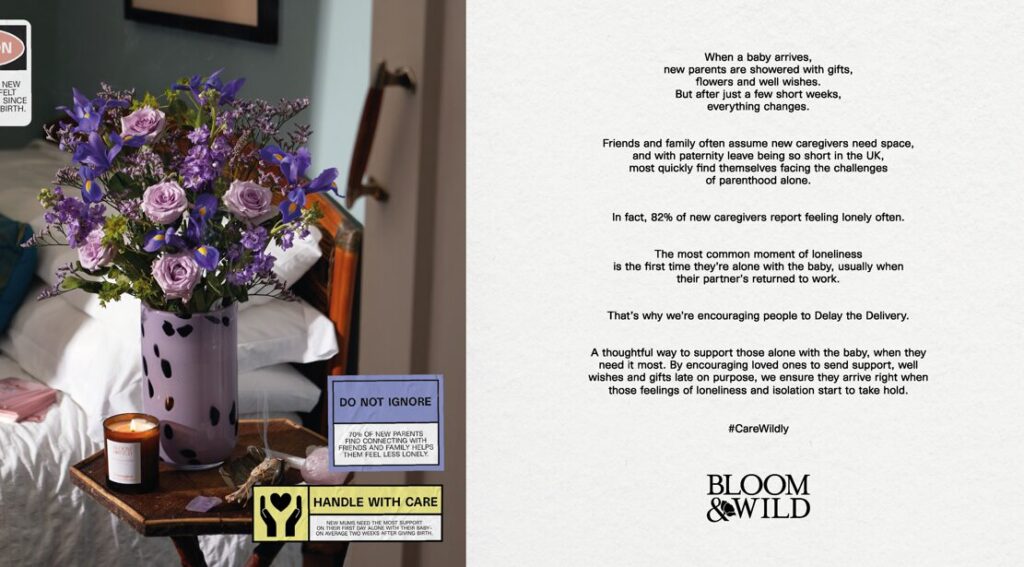 A card detailing how later gifts can help new parents with their isolation more and a hospital bed with a vase of lavendar flowers next to it, and a candle. Bloom and Wild is encouraging people to buy gifts for new parents later down the line, when isolation kicks in around one to three months after birth.