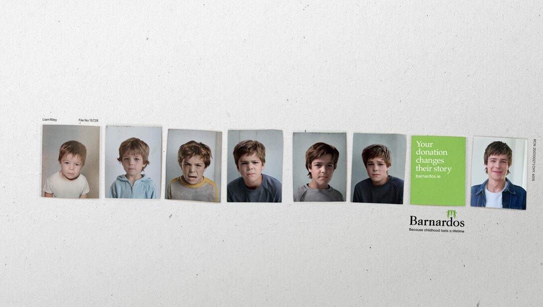 A boy's expressions transform from vulnerability, to anger, to resignation before finally transforming in to an expression of hope. Barnardo's draws on AI to show the power of childhood intervention