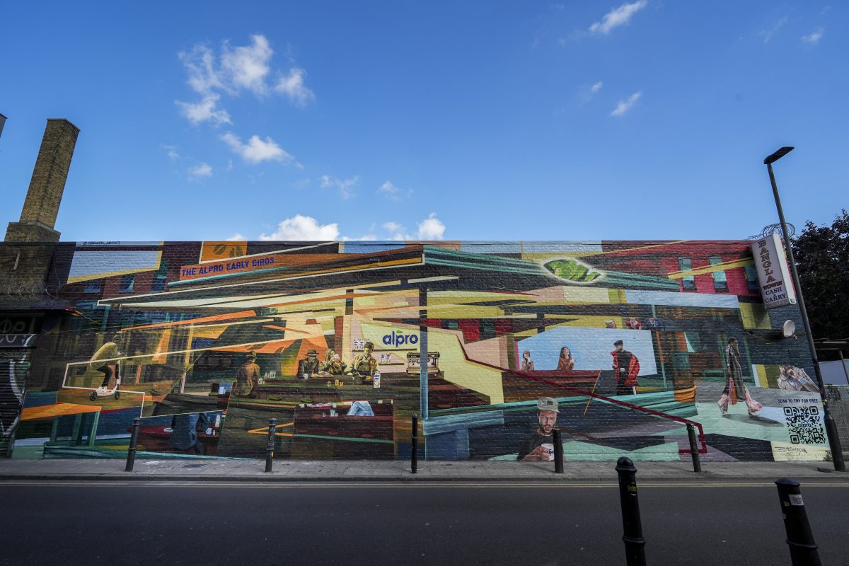 Alpro has enlisted the services of artist Itaewon to design a mural on Hanbury Street in Spitalfields to promote its range of coffee products.