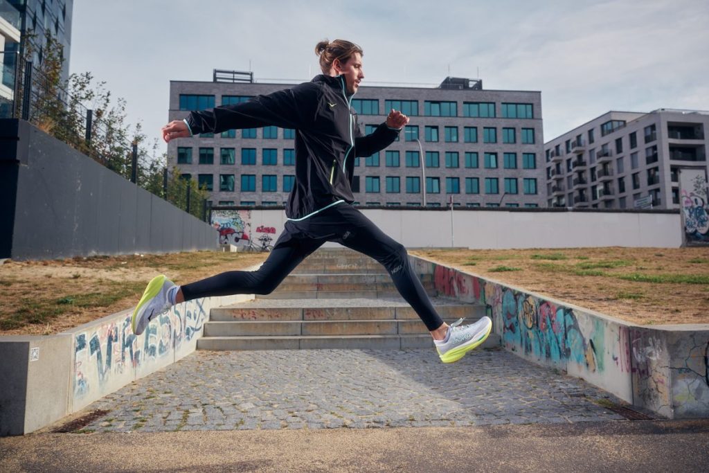 A man leaps as he runs. HOKA celebrates the joy of the runner's high with novice and intermediate athletes in mind, in a new social-first content series created by Ogilvy UK.