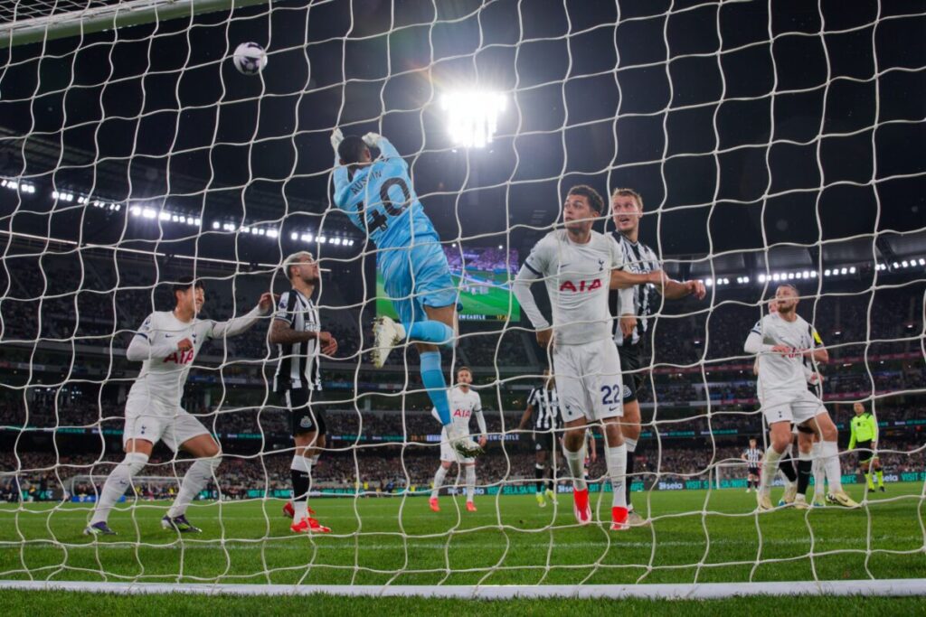 Spurs goalkeeper Brandon Austin jumps to save the ball. Gambling adverts during Premier League matches have trebled compared to last year, according to new research from the University of Bristol.