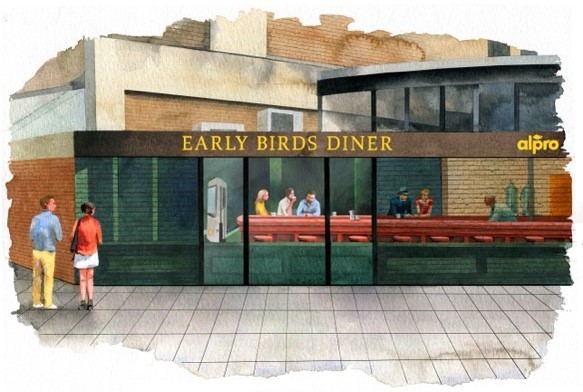 Plant-based beverage brand Alpro has launched the Early Birds Diner, inspired by Edward Hopper’s Nighthawks painting.