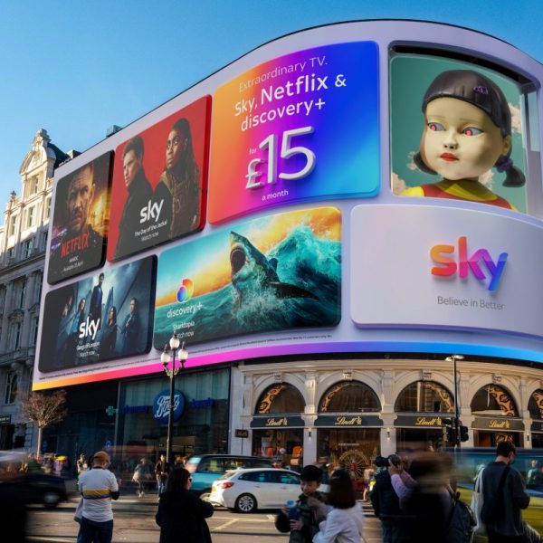 Sky takes over Piccadilly Circus for the first time with ‘show-stopping’ display. April 2025